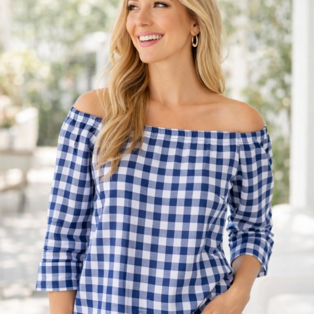 Tizzie Gingham Off Shoulder Cotton Top Medium Blue